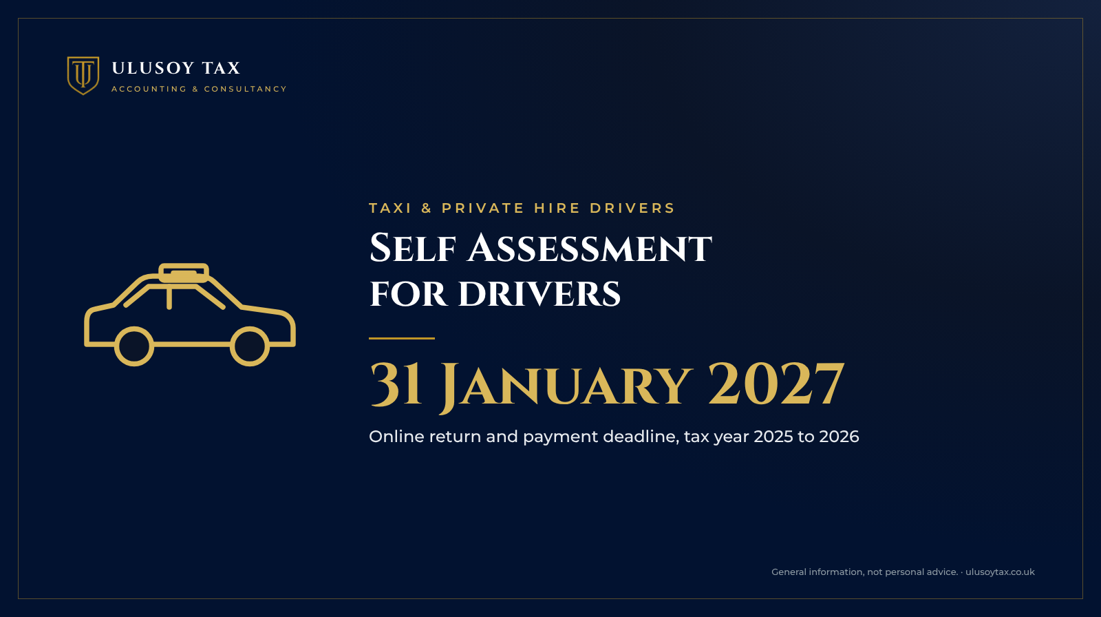 Self Assessment deadline 31 January 2027 for taxi and private hire drivers